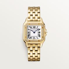 Cartier - Panthère de Cartier watch - Watch  - Panthère de Cartier watch, medium model, quartz movement. Case in yellow gold 750/1000 set with brilliant-cut diamonds, dimensions: 27 mm x 36 mm, thickness: 6 mm, crown set with a diamond, silvered dial, blued-steel sword-shaped hands, yellow gold 750/1000 bracelet, water-resistant to 3 bar (approx. 30 meters). Cartier Gold Watch, Cartier Watches Women, Trinity Bracelet, Trinity Necklace, Vintage Gold Watch, Cartier Gold, Cartier Earrings, Cartier Necklace, Cartier Panthere