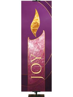 a purple and gold banner with the word joy on it