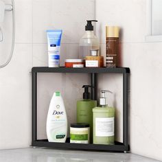 a bathroom shelf filled with different types of skin care products