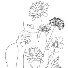 a line drawing of a woman with flowers on her face and hands in front of her face