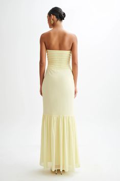 Olivette Strapless Chiffon Maxi Dress - Lemon Sherbet - MESHKI U.S Frat Formal Dress, Frat Formal, Hoco Poses, Lemon Sherbet, Hoco Inspo, Prom Inspiration, Fishtail Maxi Dress, Eve Dresses, Senior Prom