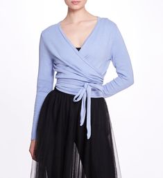 Anne Wrap Sweater | Marchesa Blue Stretch V-neck Cardigan, Versatile Fitted Wrap Cardigan, Fall Wrap Top With Tie Waist, Fall V-neck Wrap Top For Layering, Fitted Long Sleeve Top With Tie Waist, Chic V-neck Wrap Top For Winter, Fitted Wrap Top For Winter, Fitted Fall Wrap Top With Tie Waist, Fitted Versatile Wrap Top With Tie Waist