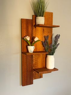 a wooden shelf with two vases and plants on it