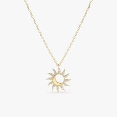 Embrace the beauty of the heavens with this enchanting Sun & Moon Diamond Necklace. This celestial pendant features a sparkling sun crafted from round diamonds, contrasted beautifully with a crescent moon adorned with shimmering pave diamonds. Suspended from a 14k yellow gold chain, this necklace is a captivating symbol of balance and harmony. A delightful gift for someone who loves unique and a great layer piece to pair with zodiac themed jewelry!  - Handmade - Solid Gold - Natural Diamonds  - G Color, SI Quality Diamonds - Size of the Sun: 11 mm - Total Diamond Carat Weight: 0.09 ctw 🛠 Your Sarah Elise piece is handcrafted with care! Ready-to-ship items go out within 3 business days. Made-to-order pieces typically take 7-10 business days to create. If you need something sooner, please c Celestial Jewelry With Sun And Moon Designs, Celestial Sun And Moon Design Necklace For Anniversary, Celestial Sun And Moon Necklace For Anniversary, Celestial Sun And Moon Design Anniversary Necklaces, Celestial Sun And Moon Design Anniversary Necklace, Celestial Sun And Moon Jewelry, Celestial Necklaces For Anniversary, Celestial Sun And Moon Necklace, Symbol Of Balance