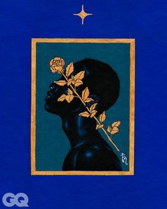 a painting of a woman with a rose in her hair on a blue background and gold border