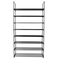 a black metal shelf with four shelves on each side and two rows of shelves below