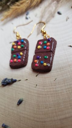 the earrings are decorated with chocolate frosting and colorful candy candies on top of them