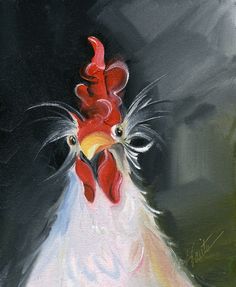 a painting of a rooster with red combs on it's head and black background