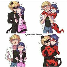 four pictures of ladybug and catwoman hugging each other with the caption's name