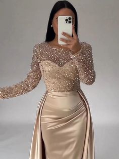 Mermaid Sequin Gold Dresses Evening Gown Ruched Satin Dress Long Sleeves Floor Length Sparkle Illusion Neck Prom Wedding Guest Dress with Pearls Overskirt dress to impress 2024 2024 - $136.99 Champagne Satin Dress, Fall Wedding Reception, Cocktail Dress Elegant, Satin Dresses Long Sleeve, Sequin Evening Gowns, Evening Dresses Online, Satin Dress Long, Fall Wedding Guest Dress, Cheap Evening Dresses