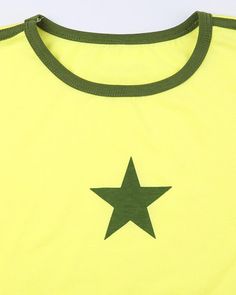 Details: Yellow short-sleeve T-shirt with front star designTop Length: CroppedSleeve Length: Short SleevesMaterials:35% Cotton + 60% Polyester + 5% Spandex Yellow Short, Sport Top, Star Top, Sports Stars, Yellow Shorts, Star Design, Crop Top Blouse, Sports Top, Knitwear Cardigan