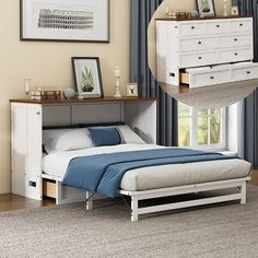 a white bed sitting next to a dresser in a bedroom on top of a rug