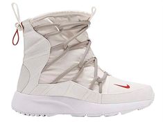 Nike Tanjun High Rise Women’s Sneaker Boots.   Phantom White/Desert Sand/Gym Red/White AO0355-005 New Without Box.  Size 9.5.  White Outsole with rugged rubber for traction on wet and cold surfaces.  Phantom White (Off White) shoe with thick round desert (light beige) laces. Red Nike check in small toe area of each shoe.  Red cinch cord with phantom white toggle.  Phantom white pull tab.  Fleece inner lining for warmth.  Mid cut collar. Lightweight. Very stylish! Better than super cute! A must h White Low-top Winter Boots, Nike Winter Lace-up Sneakers, White Sporty High-top Boots, White Round Toe Functional Boots, White Functional Round Toe Boots, Functional White Round Toe Boots, Nike Sporty Outdoor Boots, White Nike Sneakers For Winter, Sporty High-top Sports Boots