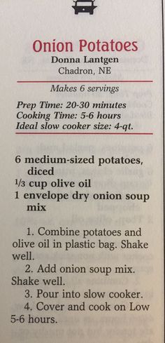 an open book with instructions on how to cook potatoes