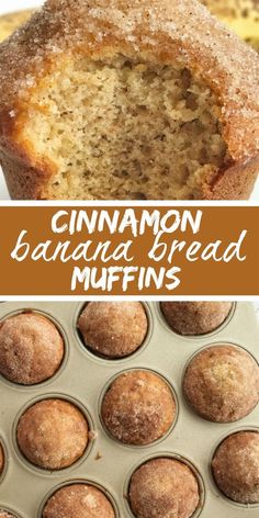 cinnamon banana bread muffins in a muffin tin with text overlay that reads cinnamon banana bread muffins