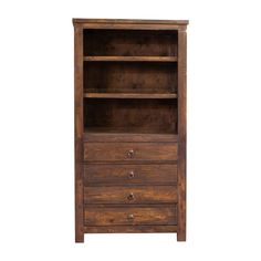 an old wooden bookcase with drawers on the front and bottom shelves, against a white background