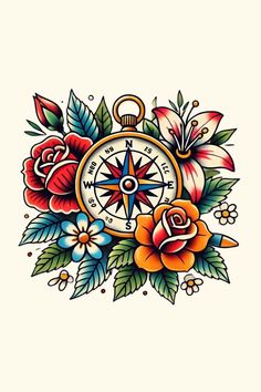 old school tattoo Memorial Traditional Tattoo, American Traditional Compass Tattoo, Compass And Rose Tattoo, American Traditional Roses, Old School Flower Tattoo, Day Of The Dead Skull Tattoo, Traditional Nautical Tattoo, Black Rose Tattoo Meaning, Traditional Tattoo Painting