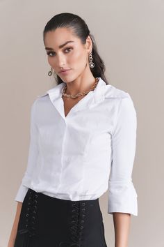 Lyla Blouse Elegant Fitted V-neck Long Sleeve Top, Fitted V-neck Shirt With Button Cuffs, Elegant Fitted Long Sleeve Top For Work, Elegant Stretch Shirt For Office Wear, Fitted Blouse With Button Cuffs For Work, Classic Stretch Tops For Work, Stretch Button-up Blouse For Business Casual, Business Casual Stretch Button-up Blouse, Stretch Shirt For Workwear