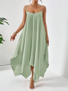 Mint Green Essence: Simple Solid Color Casual Loose Summer Dress With Casual Asymmetrical Solid Color Dress, Casual Dresses With Asymmetrical Hem, Casual Asymmetrical Hem Dress, Asymmetrical Maxi Dress For Spring Beach, Asymmetrical Maxi Dress For Spring Beach Occasion, Chic Maxi Dress With Asymmetrical Hem, Asymmetrical Solid Color Midi Dress For Spring, Spring Dresses With Asymmetrical Hem In Solid Color, Spring Dresses With Asymmetrical Hem And Solid Color