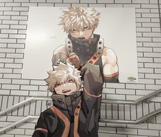 two anime characters standing next to each other in front of a brick wall and stairs