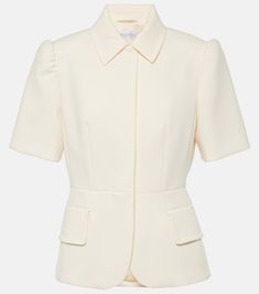 Sablé jacket in white - Max Mara | Mytheresa Fitted White Outerwear With Concealed Placket, Luxury Outerwear With Structured Shoulders For Office, Fitted Structured Blazer With Pockets, Fitted Outerwear With Structured Shoulders For Business Casual, Luxury Office Outerwear With Structured Shoulders, Elegant Fitted Outerwear With Pockets, Fitted Beige Outerwear With Flap Pockets, Fitted Button-up Blazer With Flap Pockets, Elegant Beige Blazer With Flap Pockets