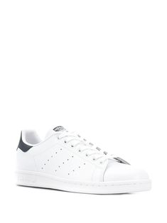 Stan Smith sneaker by ADIDAS in white and blue leather with fabric lining and rubber sole. This item is in size 8½ and the color is White Sneakers With Contrast Sole For Light Sports, Classic Adidas Custom Lace-up Sneakers, Classic Lace-up Custom Sneakers For Sports, Classic Adidas Sneakers With Vulcanized Sole, Classic Adidas Logo Custom Leather Sneakers, Classic Adidas High-top Sneakers For Streetwear, Classic White Sneakers With Branded Insole, Classic Adidas High-top Sneakers With Rubber Sole, Classic Adidas Sneakers With Rubber Sole