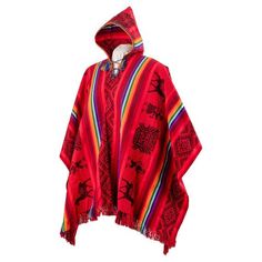 A beautiful red rainbow wool-blend poncho with traditional symbols and colorful accents for a bright and sunny wear. Made in the Sacred Valley of the Incas, Peru.Size: 35" L  x  52" W Peruvian Poncho, Sacred Valley, Wool Poncho, Poncho Style, Body Warmer, Knitted Gloves, Alpaca Wool, Rainbow Stripes, Ponchos