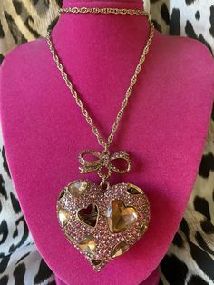 Betsey Johnson Pinkalicious HUGE Pink Crystal Puffy Heart Gold Long Necklace | eBay Creepy Cute Fashion, Puffy Heart Necklace, Gold Long Necklace, Jewelry Accessories Ideas, Accessories Ideas, Fancy Jewellery, Funky Jewelry, Puffy Heart, Pink Crystal