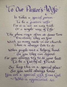 a poem written in cursive writing on a piece of paper with the words to our pastor's wife