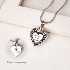 "This urn necklace memorial jewelry features a heart pendant engraved with always in my heart on the front. It is made of high quality stainless steel. Use this to keep your lost loved one with you daily. Heart Urn Necklace for Human Ashes. ✿With Free Gifts Box and Funnel Kits✿ This ashes necklace can custom the back, use warm words, date or name. I want my heart urn necklaces to act as a token of comfort and bring you peace as you remember the good times you shared. Always keep your loved ones Always In My Heart, Gifts Box, Ashes Necklace, Cremation Necklaces, Urn Necklace, Jewelry Heart, Urn Necklaces, Human Ashes, Cremation Jewelry