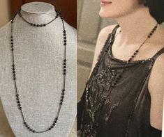 "This stunning necklace modeled after one wore by Lady Mary in the Downton Abbey series manages to be impossibly delicate yet incredibly dramatic at the same time. It is made from 50 or more inches of tiny, 2mm glittering faceted black spinel beads interspersed with sections of smooth 6mm polished black onyx. This is designed as a VERY long necklace in the style of that day. It can be worn as one long necklace (if you're tall or going for the true '20s look) but it's also meant to be looped agai Birds Craft, Flapper Jewelry, Downton Abbey Series, Downton Abbey Fashion, Mary Necklace, Flapper Necklace, Double Necklace, Lady Mary, New Years Outfit