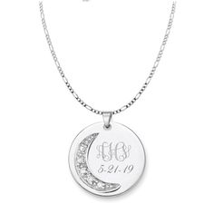 "This personalized silver \"to the moon and back\" necklace can be custom engraved with a name, initials, or date on both sides. These personalized charm necklaces have an elegant moon with cubic zirconia stones that will shine and glimmer. Each engraved pendant includes a necklace [pictured] with custom sizes available. Silver Moon Charm Necklace DIMENSIONS: 1.25\" x 1.25\" How To Send Engraving Instructions: When you are ready to order click ADD TO CART. During checkout fill out the ADD A NOTE Unique Moon Shaped Engraved Necklace, Silver Moon Necklace With Engraving, Elegant Moon-shaped Engraved Necklace, Silver Personalized Moon Necklaces, Personalized Moon Shaped Silver Necklaces, Personalized Charm Necklace, Engraved Pendant, Back Necklace, Disc Pendant