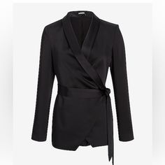 Pitch Black Our Most Loved Satin Blazer Now With A Chic And Flattering Tie Waist. This Blazer Looks Great At The Office Or At The Bars. Wear It With The Matching Pants Or A Pair Of Jeans. Features & Fabric Shawl Lapel Long Sleeves Tie Waist Straight Hem; Satin Fabric; Lined Length: Regular 29.5" Polyester Machine Wash Blended Fabric Imported It Is A Must Have In Your Closet. It Is Super Elegant. Perfect For Dressy Fabric. Stays Closed, Inside Button. Elegant Lapel Collar Outerwear For Night Out, Chic Silk Outerwear With Suit Collar, Chic Silk Outerwear For Work, Silk Long Sleeve Blazer For Office, Silk Tuxedo Style Outerwear For Work, Elegant Evening Blazer With Pockets, Silk Outerwear For Work, Black Silk Blazer With Lapel Collar, Chic Silk Blazer For Fall