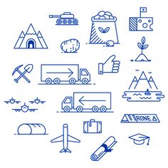 blue line icons depicting various types of transportation in the united states, including trucks and planes