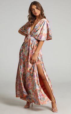 Sophia Plunge Neck Bat Wing Sleeve Maxi Dress in Multi Floral | Showpo USA Wing Sleeve Dress, Garden Wedding Dress Guest, Plunge Neck Dress, Boho Wedding Guest, Batwing Sleeve Dress, Wedding Guest Outfit Spring, Fiji Wedding, Plunging Neck Dress, Sophia Dress