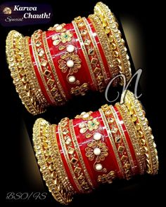 Give Yourself Charming Looks With Beautiful Red & Golden Chura Set. Center Piece Is Embellished With Glass Kundan Floral Shape Fitting. Stones & Kundan Beaded Bangles Are Placed In A Pleasing Manner. A Perfect Creation For Every Occasion. This is a set of 30 Bangles (15 For Each Hand). Red Traditional Wear With Tilla For Wedding, Heavy Red Traditional Wear For Festive Occasions, Festive Bridal Sets For Parties, Red Sets For Wedding And Festivals, Heavy Red Wedding Sets, Red Wedding Sets For Festivals, Red Tilla Bridal Sets For Marriage, Red Bridal Sets With Tilla For Marriage, Traditional Bridal Sets For Party Festivals