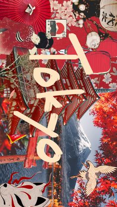 collage with japanese symbols and trees in the background that says tokyo on it's side