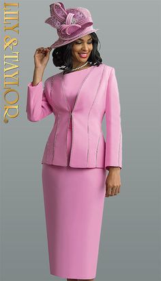 Introducing the Lily And Taylor 4619-PNK Church Suit, a statement piece for the woman who appreciates elegance and style. This meticulously designed suit is crafted for special occasions that call for a touch of sophistication and grace. The ensemble features a stunning pink color that is both eye-catching and demure, perfect for exuding confidence and femininity. The suit comprises a form-fitting skirt and a stylish jacket. The skirt is designed to complement your natural silhouette, ensuring y Women Church Suits, Women Church, Church Suits, Peplum Jacket, Stylish Jackets, Dress Hats, Formal Event, Pink Color, Knee Length