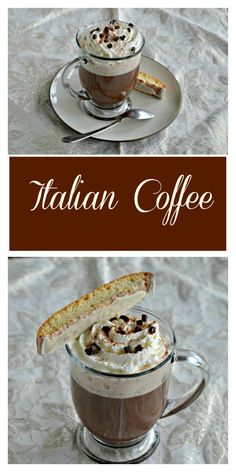 there are two pictures of coffee with whipped cream on top and chocolate in the bottom