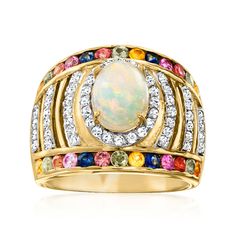 Ross-Simons - Opal Ring, 1.30ct t. w. Multicolored Sapphires, .60ct t. w. White Zircon Over Sterling. Size 9. On this stunning ring, a 9x7mm oval opal cabochon flickers a fantastic play of color that beautifully complements the many hues of its 1.30 ct. t. w. round multicolored sapphire borders. Also features the bright glow of .60 ct. t. w. round white zircon stripes in polished 18kt yellow gold over sterling silver. 5/8" wide. White zircon, multicolored sapphire and opal ring. Opal birthstones Multicolor Diamond Ring With Center Stone For Anniversary, Multicolor Oval Diamond Ring For Anniversary, Multicolor Diamond Accented Rings For Anniversary, Multicolor Diamond Accent Rings For Anniversary, Anniversary Multicolor Diamond Accent Rings, Multicolor Brilliant Cut Gemstones For Anniversary, Multicolor Diamond Ring With Accents For Anniversary, Multicolor Center Stone Anniversary Ring, Multicolor Center Stone Gemstones For Anniversary