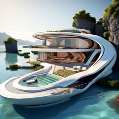 a futuristic boat floating on top of a body of water