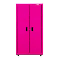 a pink metal cabinet with two doors