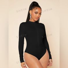 Never Worn Still In Bag It Came In, Zipper In Front Shein Sxy Zip Up Slim Fit With Sleeves Black Bodysuit Size M Trendy Black Bodysuit For Club, Trendy Black Club Bodysuit, Zip Bodysuit, Bodysuit Black, Shein Tops, Black Bodysuit, Black Color, Zip Ups, Slim Fit