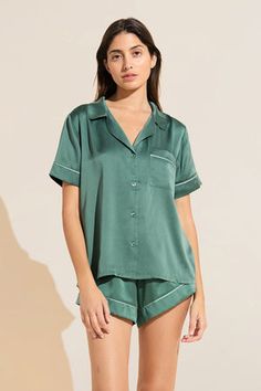 Inez Washable Silk Short PJ Set - Agave/Surf Spray Elegant Relaxed Fit Tops For Pajama Party, Classic Relaxed Fit Sets For Home, Elegant Solid Color Relaxed Fit Set, Classic Relaxed Fit Home Sets, Elegant Solid Color Loungewear Sets, Classic Fitted Sleepwear For Loungewear, Classic Relaxed Fit Short Sleeve Sets, Elegant Short Sleeve Relaxed Fit Sleepwear, Classic Relaxed Fit Sets For Workwear