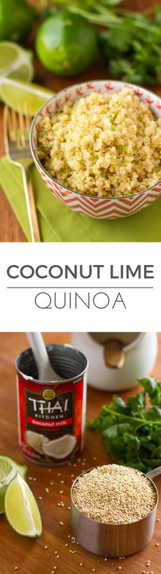 coconut lime quinoa in a bowl on a table with ingredients to make it