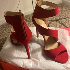 Beautiful Red High Heels 4inch. Chic Red Heels With 4-inch Heel, Red Heels With 4-inch Open Heel, Red Open Heel Shoes With 4-inch Heel, Red Open Heel Heels With 4-inch Heel, Red Open Heel 4-inch Heels, Night Out Heels With Red Sole And Open Heel, Red Sole Heels For Night Out With Open Heel, Open Heel Heels With Red Sole For Night Out, Chic Red Closed Toe Heels