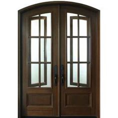 the double doors are brown and have glass panels