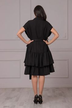 Flared Midi Dress for Ladies Black Belted Dress Princess - Etsy Black Summer Dress For Office, Elegant Black Short Sleeve Dress For Spring, Short Sleeve Ruffled Dresses For Office, Black Short Sleeve Midi Dress For Casual Occasions, Black Short Sleeve Office Dress, Black Short Sleeve Dress For Spring Workwear, Spring Black Short Sleeve Dress For Work, Black Knee-length Dress For Daywear, Black Mid-length Daywear Dress