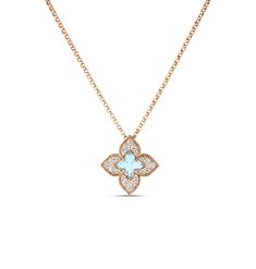 Roberto Coin Venetian Princess Rose Gold Blue Topaz and Diamond Pendant Floral Pendant Necklace, Princess Collection, Roberto Coin, Floral Pendant, Anniversary Bands, Rose Gold Necklace, Diamond Studs, 18k Rose Gold, Gemstone Colors