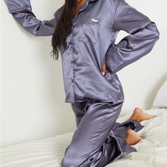 Prettylittlething Steel Blue Oversize Satin Pj Set Satin Pj Set, Halloween Pajamas, Satin Jumpsuit, Pajama Romper, Pink Pajamas, Onesie Pajamas, Satin Shorts, Short Pj Set, Satin Pyjama Set